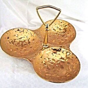 WEEPING BRIGHT GOLD VINTAGE 3 PART RELISH CANDY LEAF DISH HANDLE